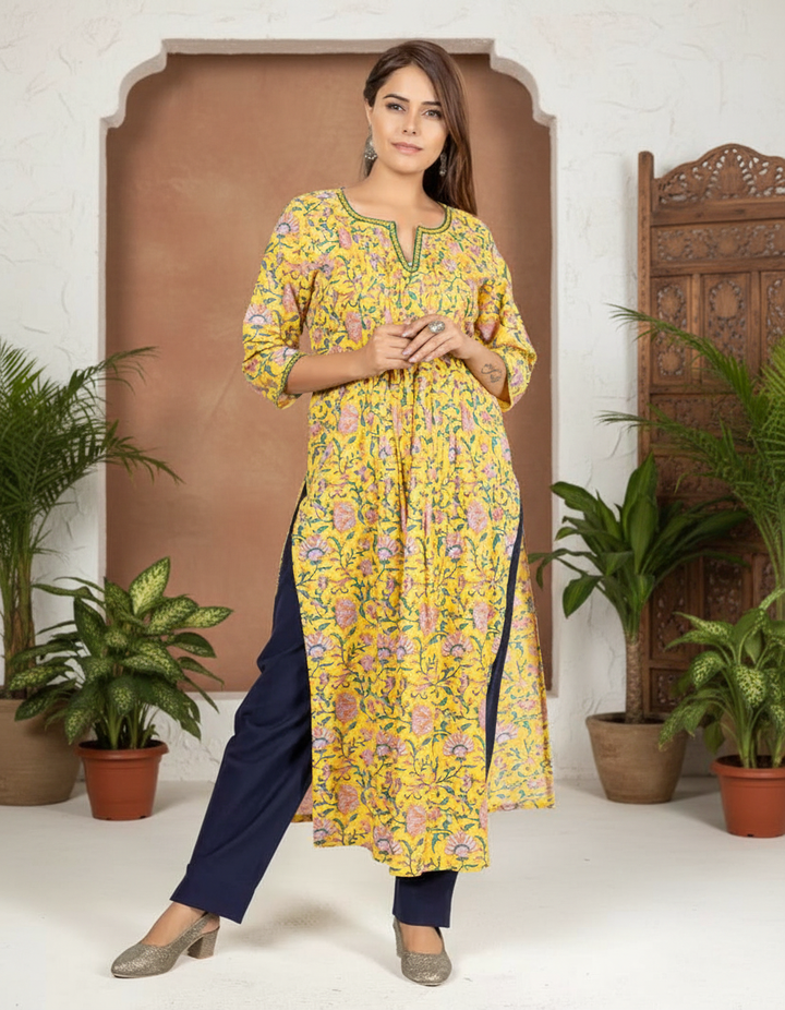 Deep Yellow and Blue Hand Block Print Kurta