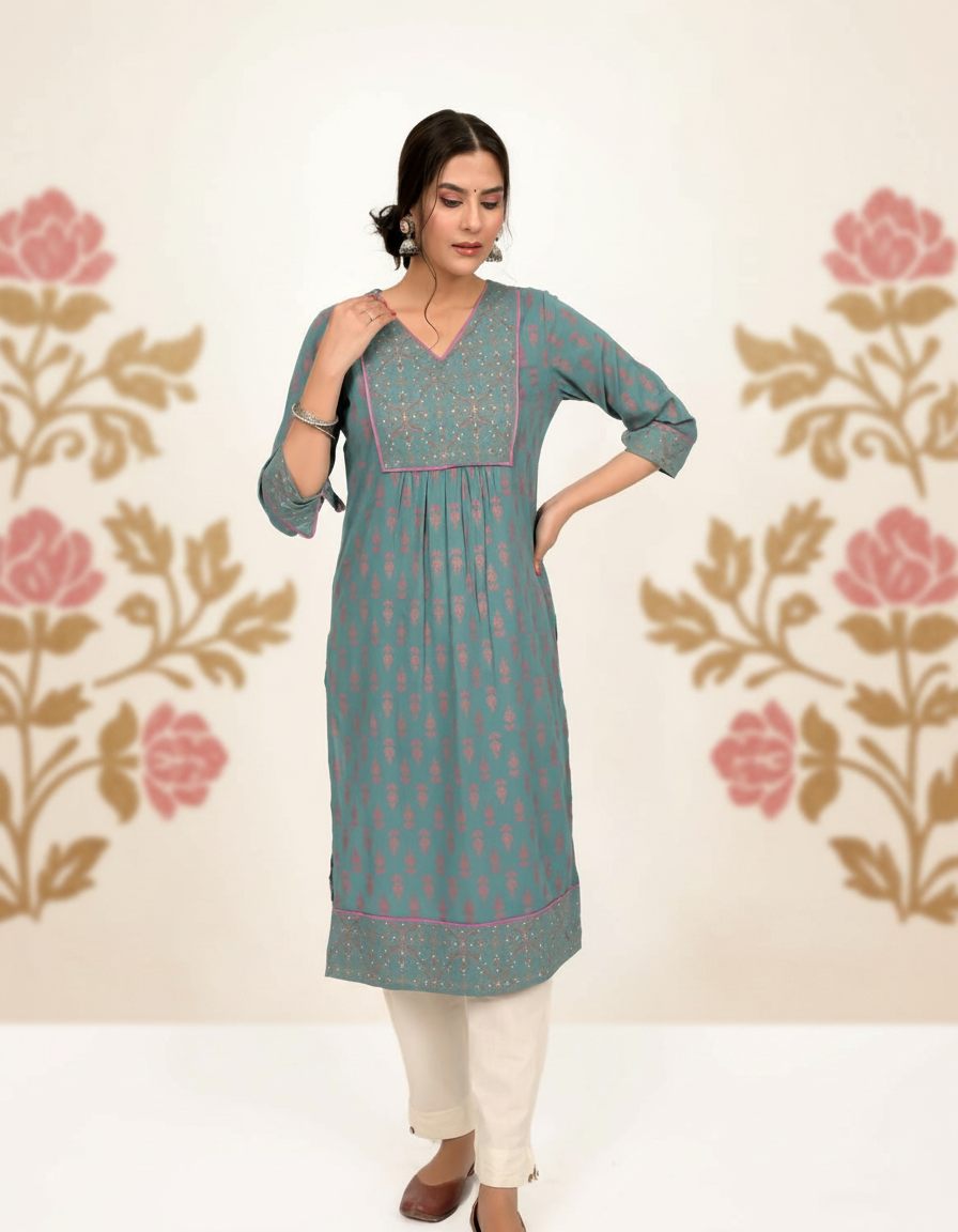 
                Teal Blue Printed Kurta for Women
              