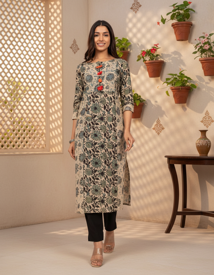 Beige &amp; Light Blue Ajrakh Kurta