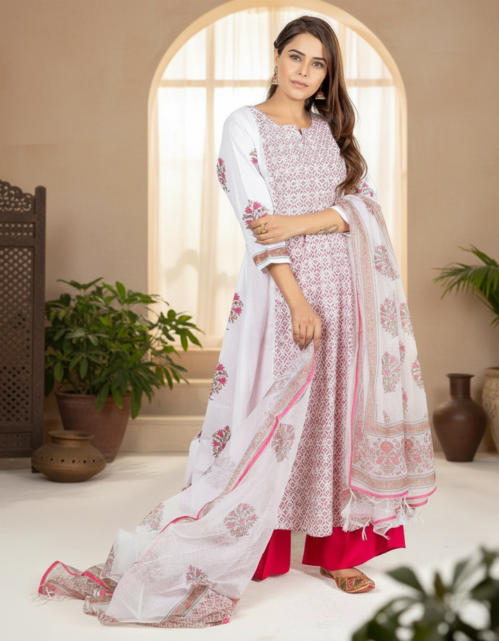 white and Pink Red Cotton Kurta with Dupatta
