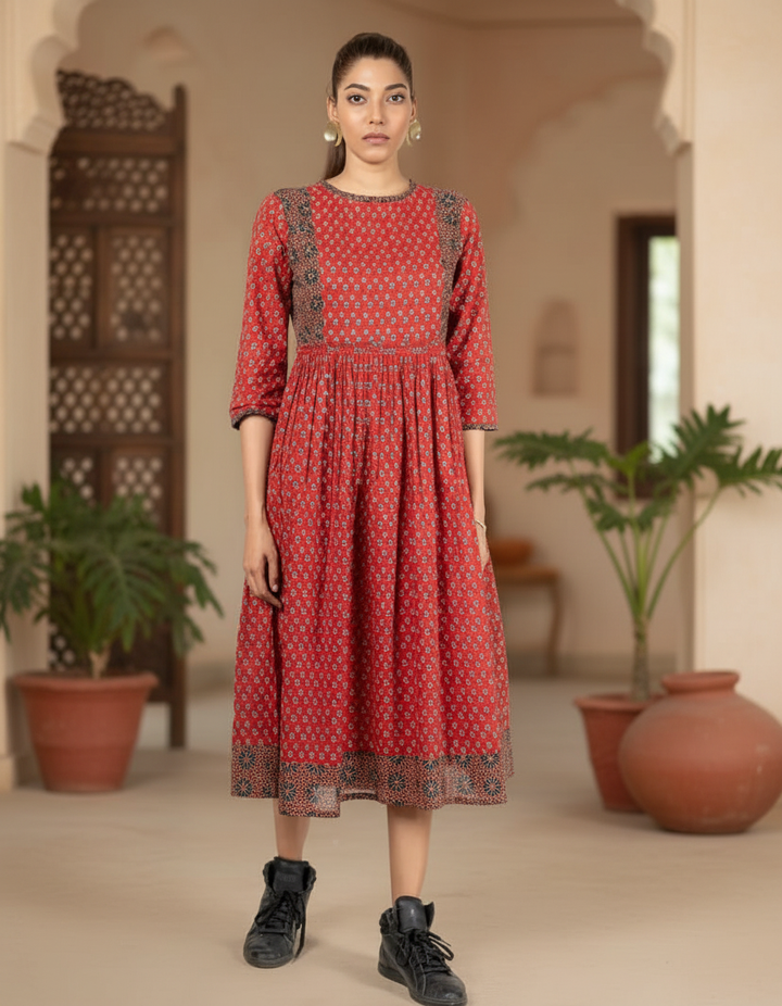 Maroon Cotton Printed Kurta for Women