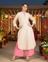 Beige and Pink Chanderi Woven Checked Kurta for Women