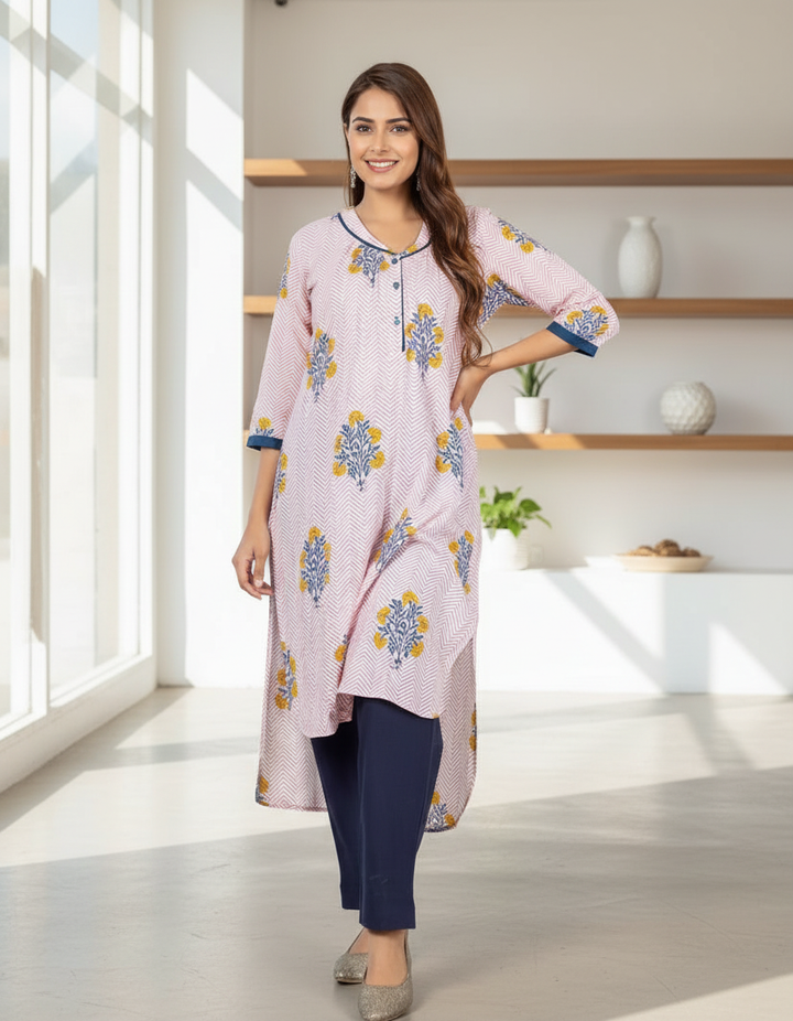 Pink and Blue Hand Block Print Cotton Kurta