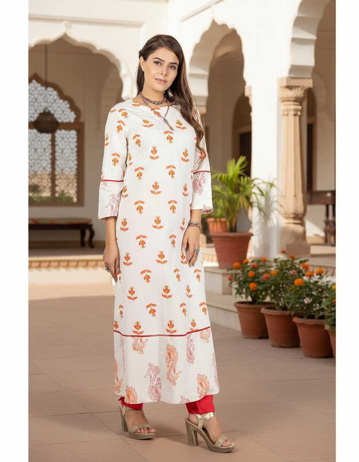 Cream with Orange Cotton Flax Kurta