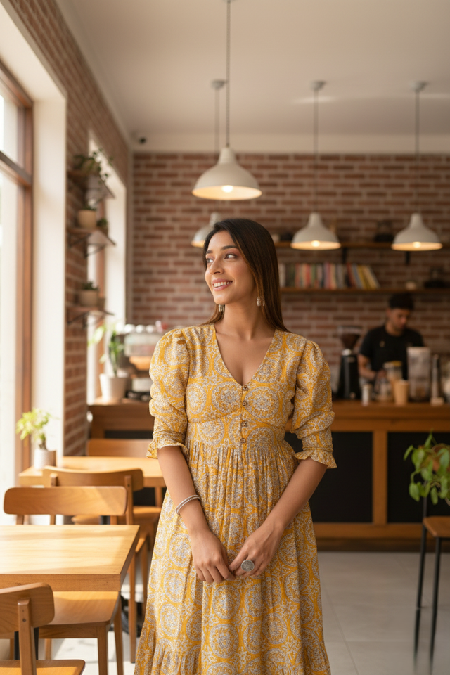 mustard-yellow-printed-tiered-long-dress