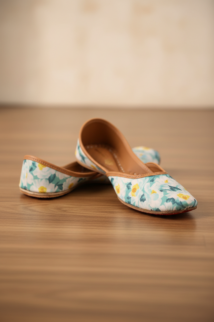 Sea Green and White Floral Print jutti