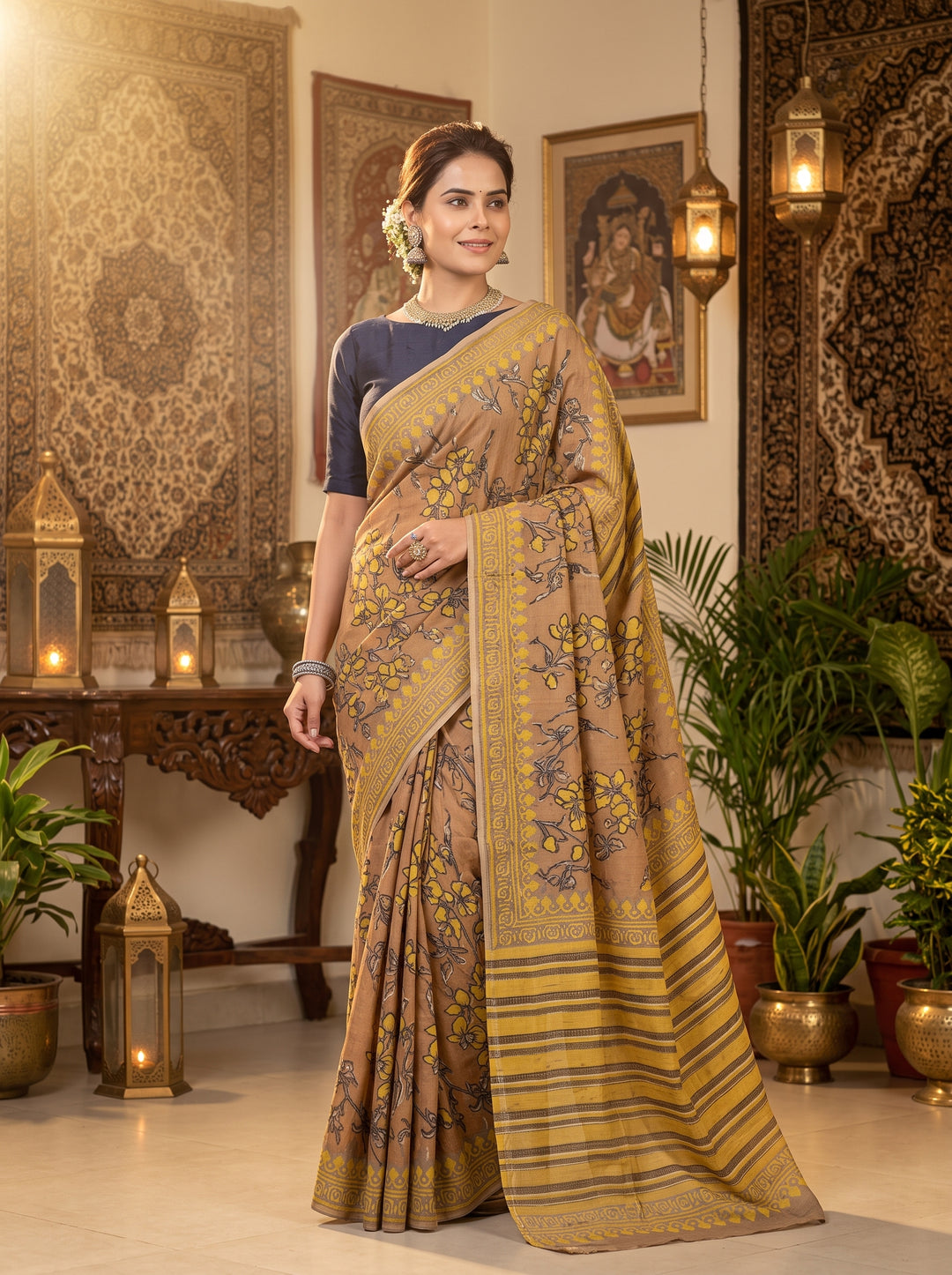 AI Studio Photo - Mustard And Brown Saree