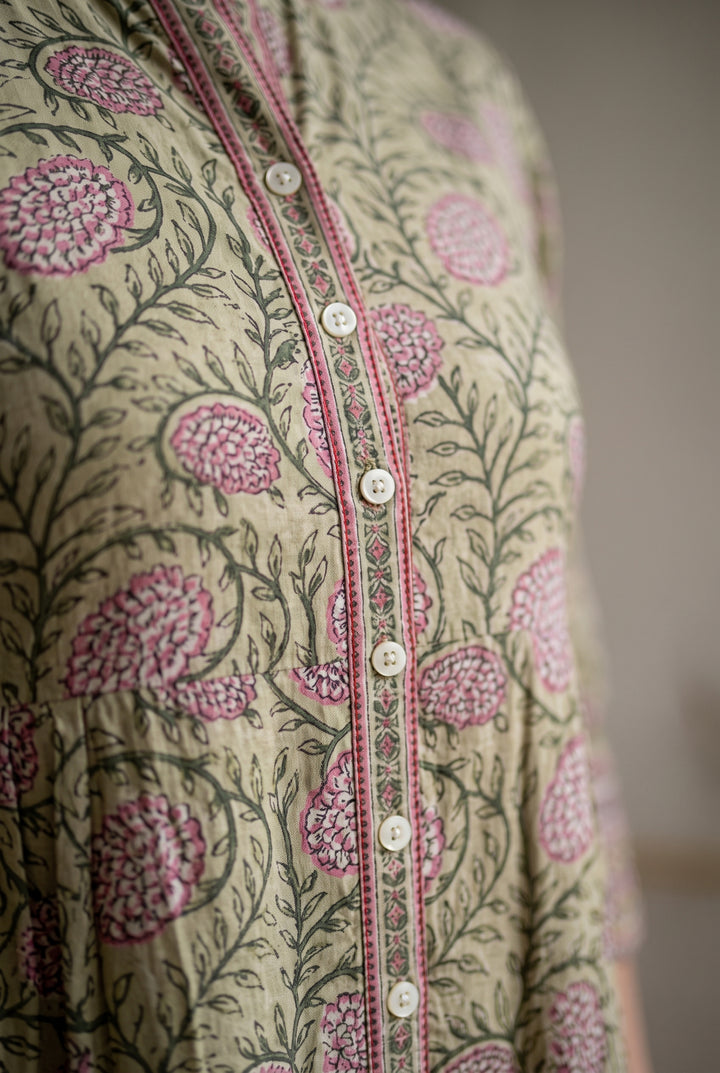 Studio photo of Pista Green Floral Print Cotton Kurta in detail