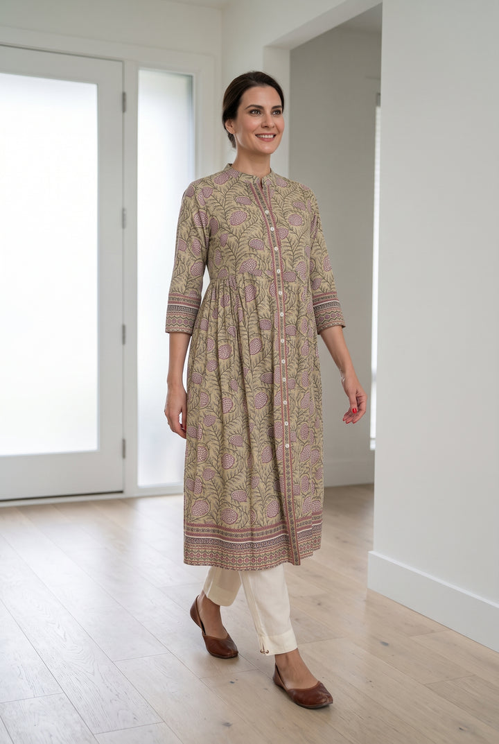 Studio photo of Pista Green Floral Print Cotton Kurta in context