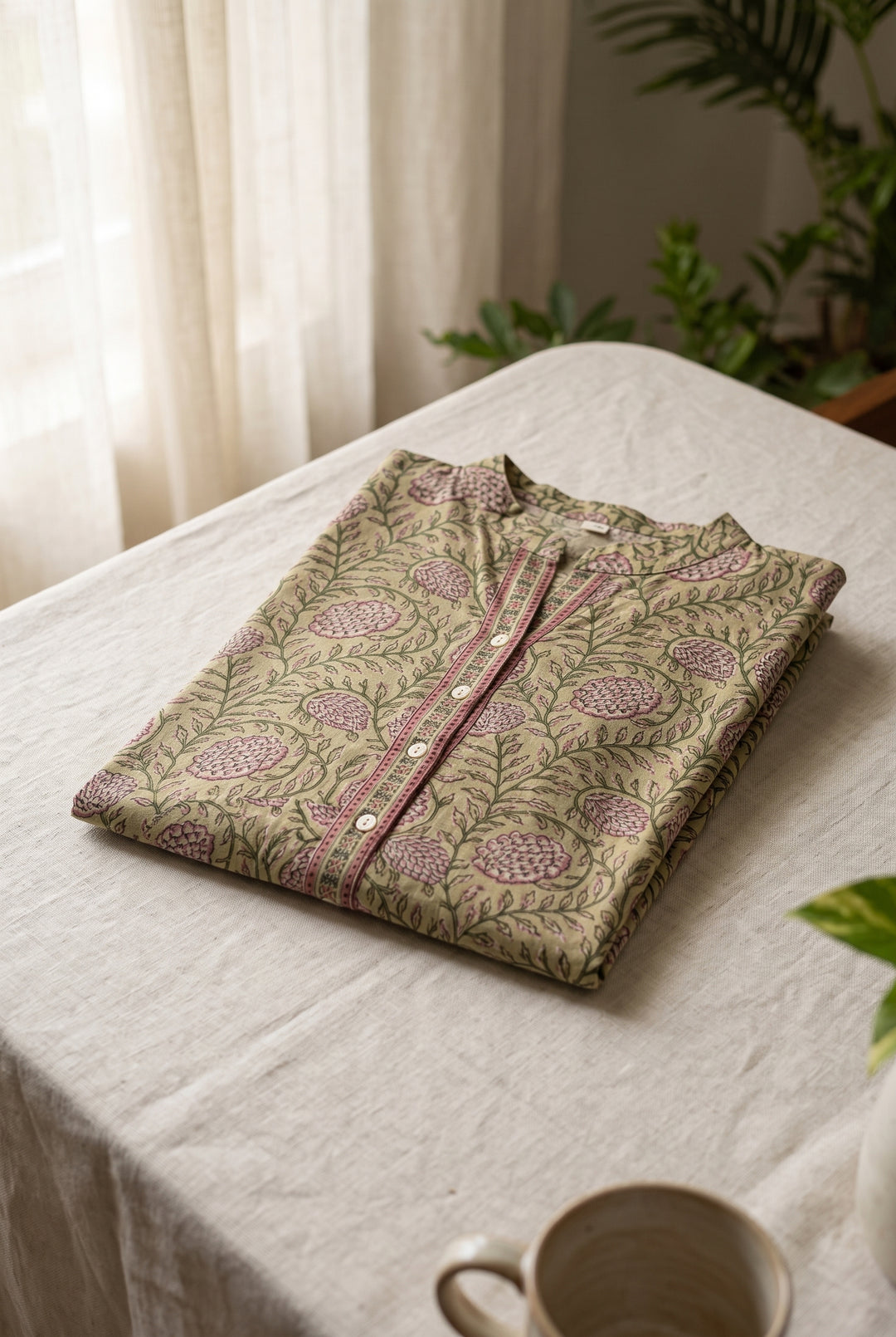 Studio photo of Pista Green Floral Print Cotton Kurta in hero
