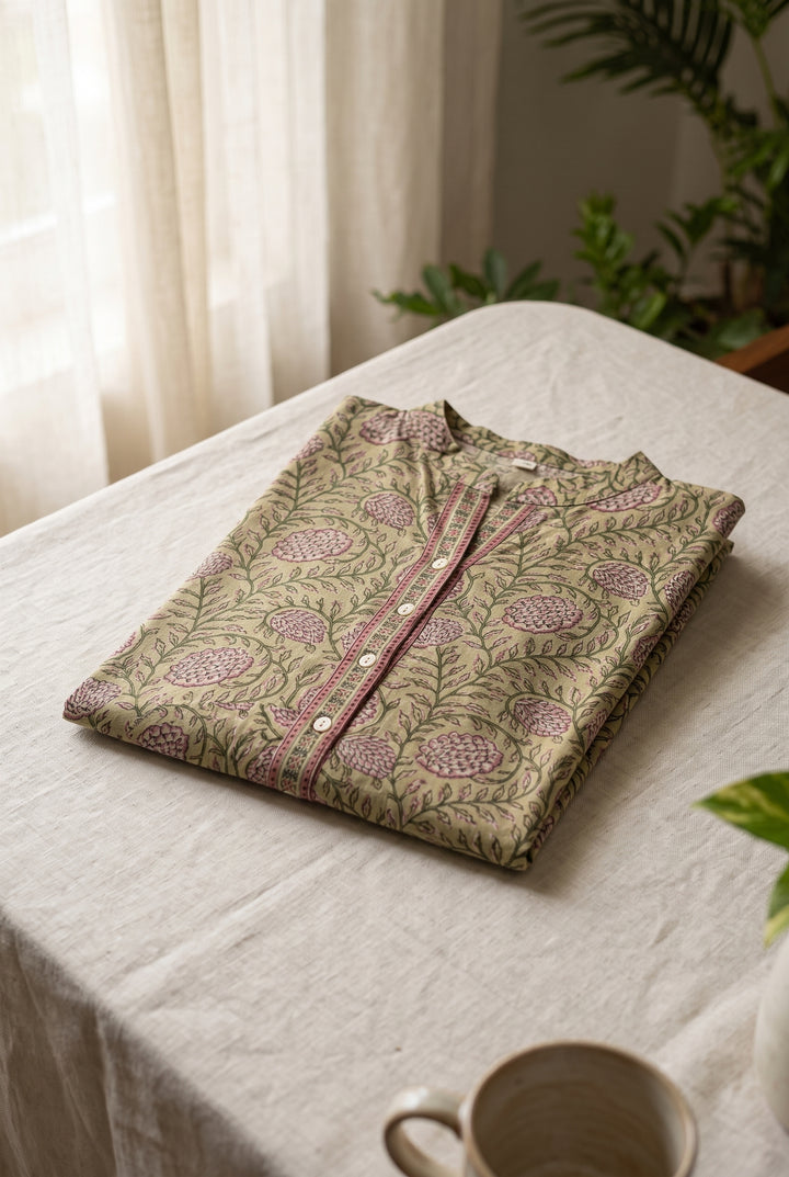 Studio photo of Pista Green Floral Print Cotton Kurta in hero