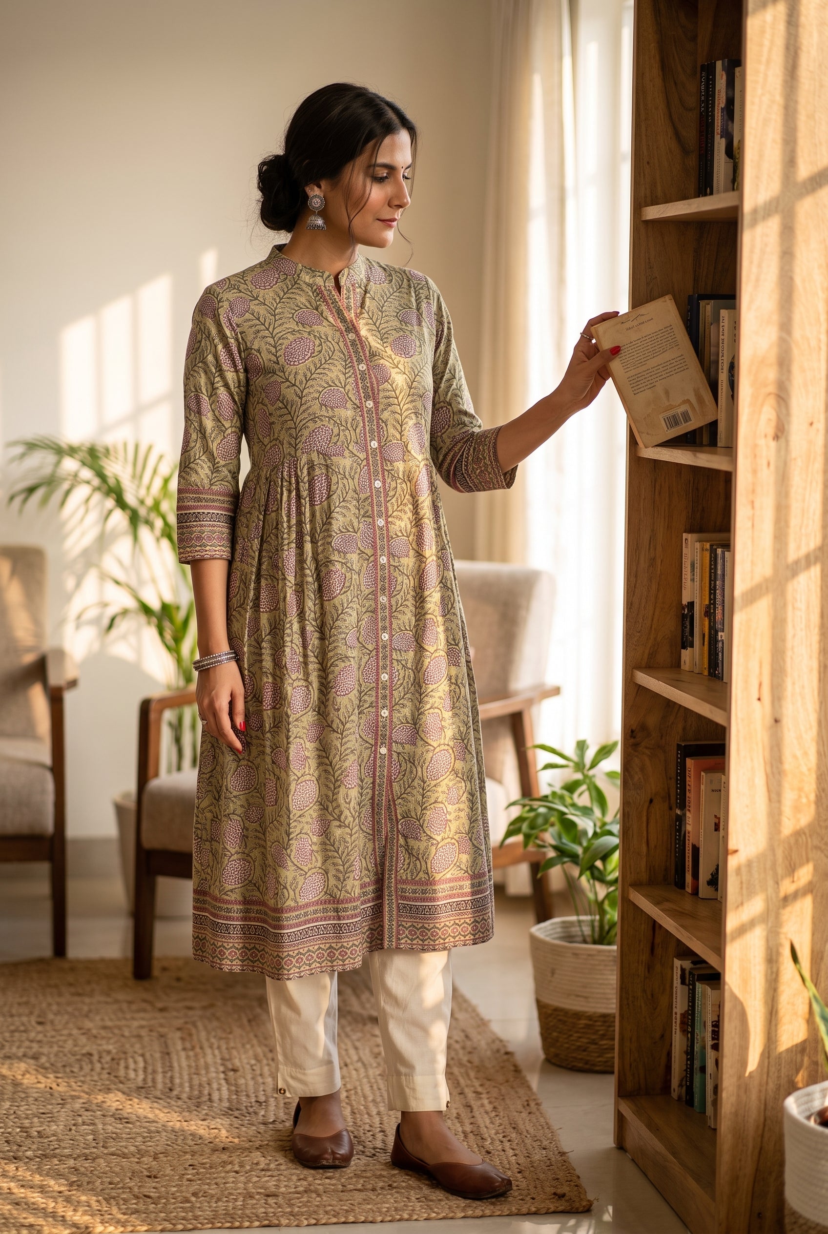 
                Studio photo of Pista Green Floral Print Cotton Kurta in lifestyle
              