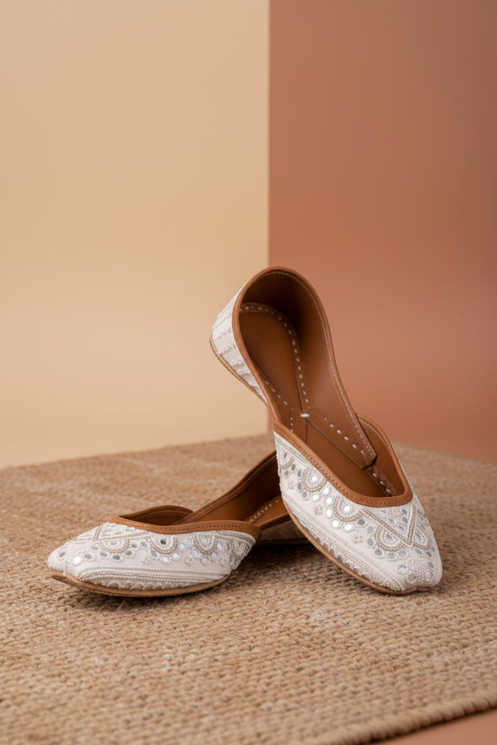 Taffeta White Juttis with Beads, Mirror &amp; Cutdana Embroidery
