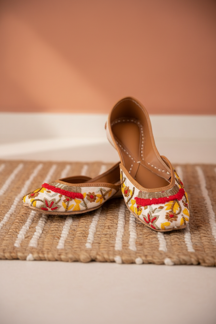 Taffeta White Juttis with Threads, Beads  Zardosi Embroidery