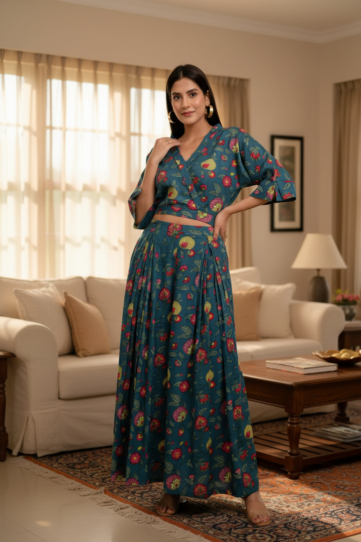 Teal Blue Multicoloured Printed Cotton Coord Set