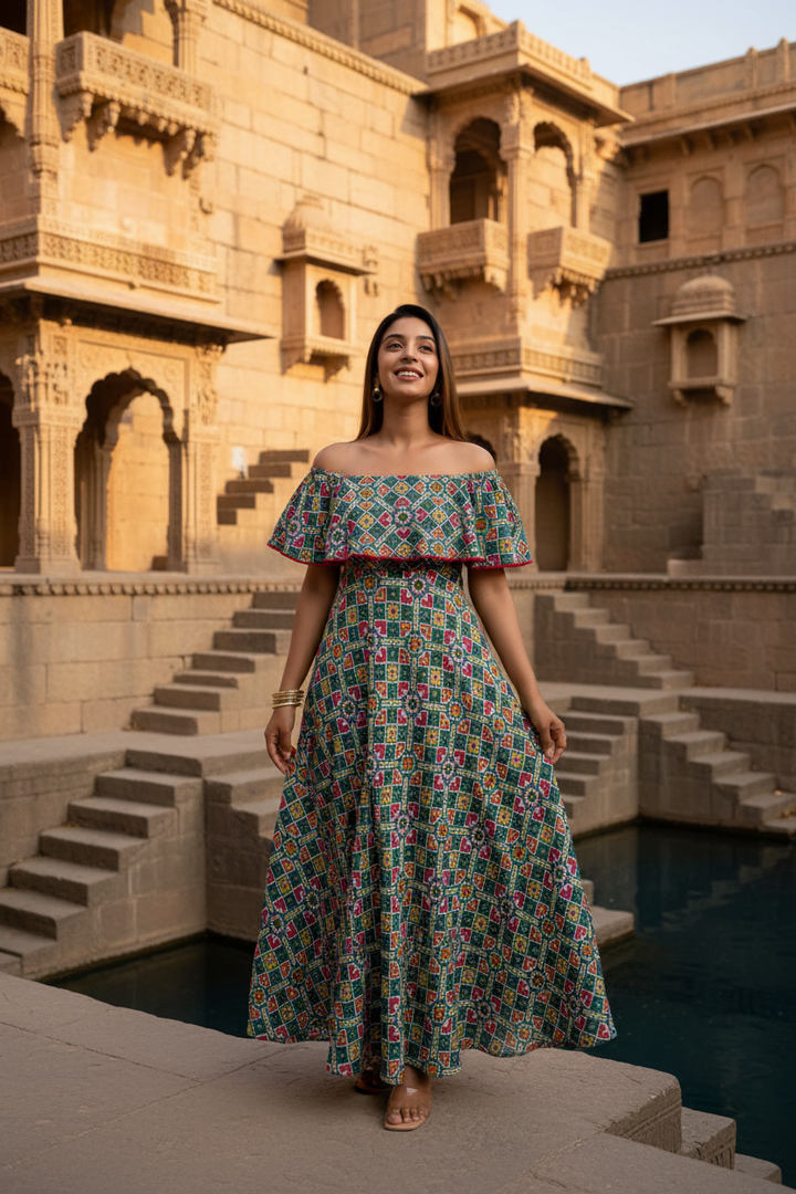 teal-blue-printed-off-shoulder-long-dress