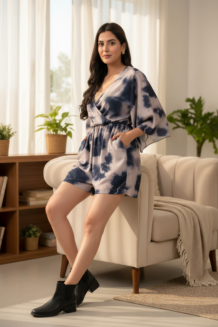 Grey and Blue Tie and Dye Jumpsuit