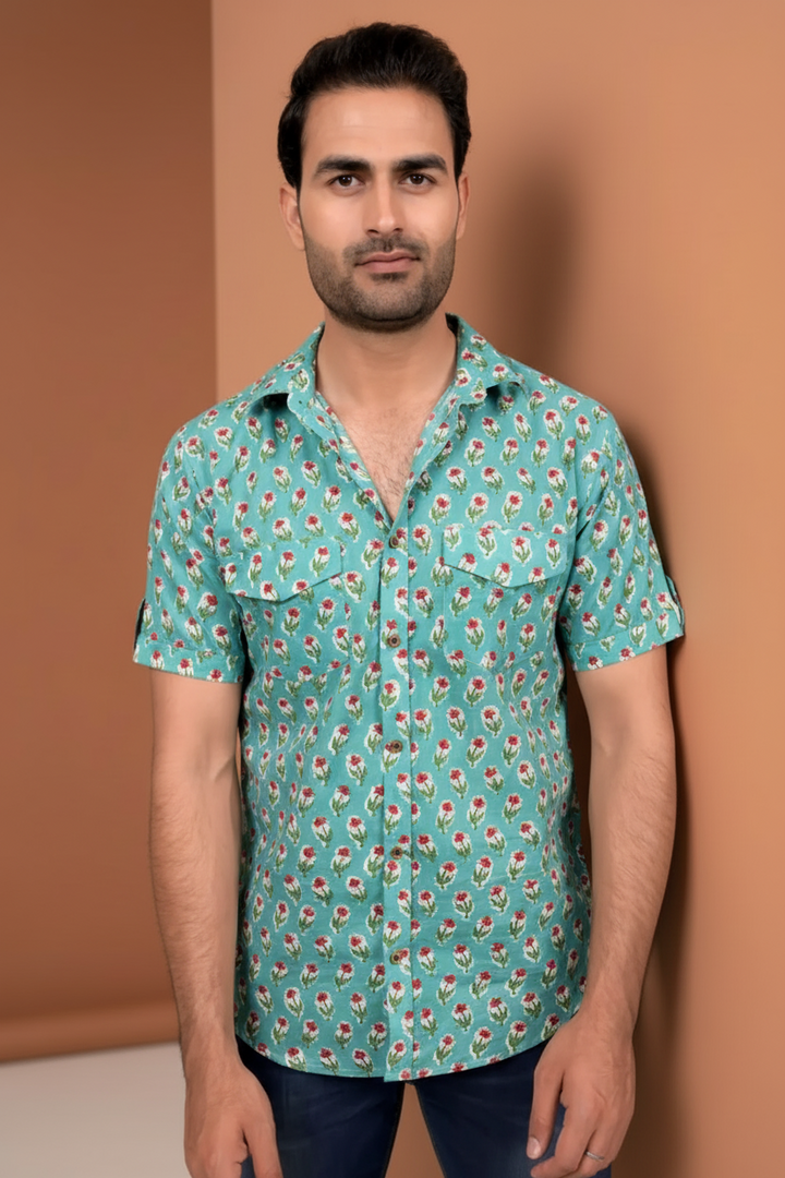 Turquoise Blue Block Print Shirt