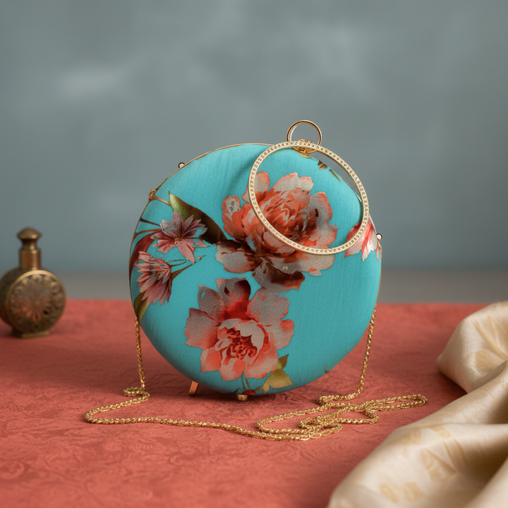 Turquoise Blue Floral Foil Print Clutch