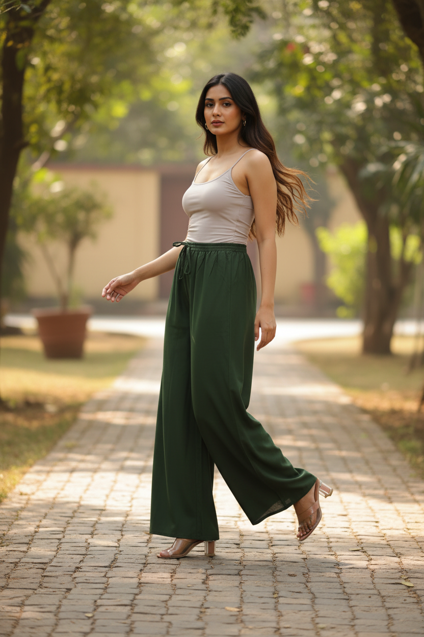 Olive Green Cotton Palazzo for Women | Loose Fit | All-Day Comfort | Soft &amp; Flowy