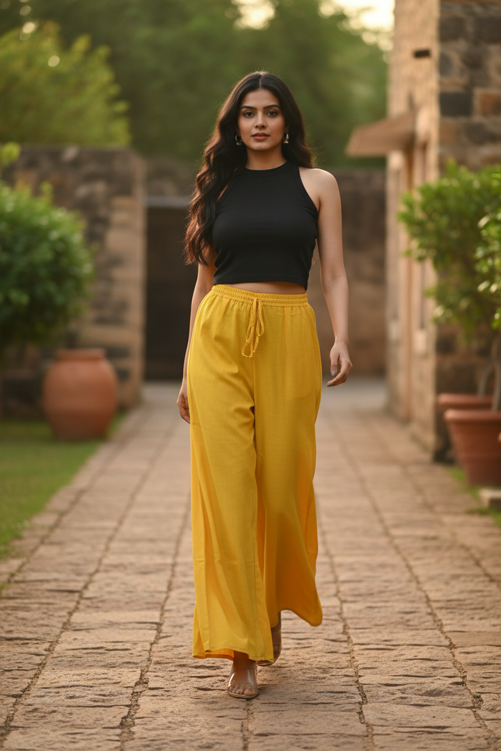 Yellow Cotton Palazzo for Women | Loose Fit | All-Day Comfort | Soft &amp; Flowy