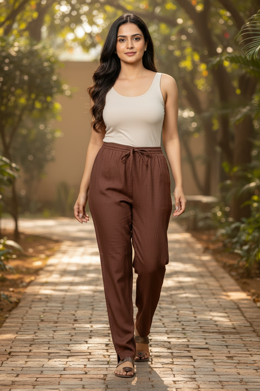 Chocolate Brown Cotton Pants for Women | Straight Fit | All-Day Comfort | Every Day Wear