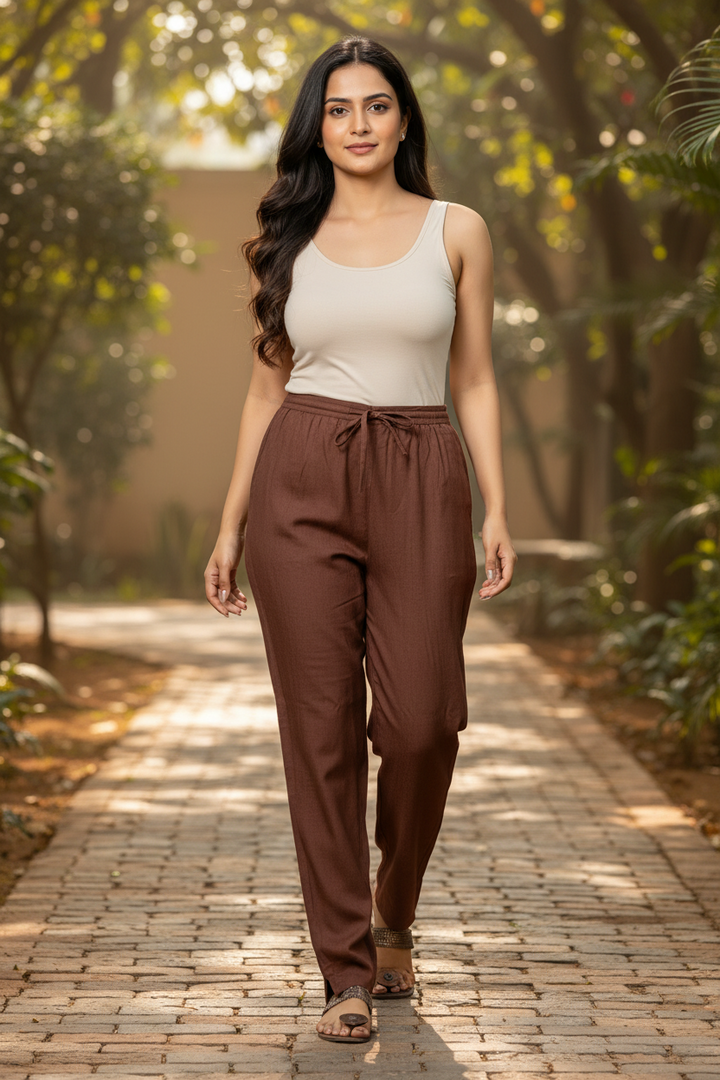 Chocolate Brown Cotton Pants for Women | Straight Fit | All-Day Comfort | Every Day Wear