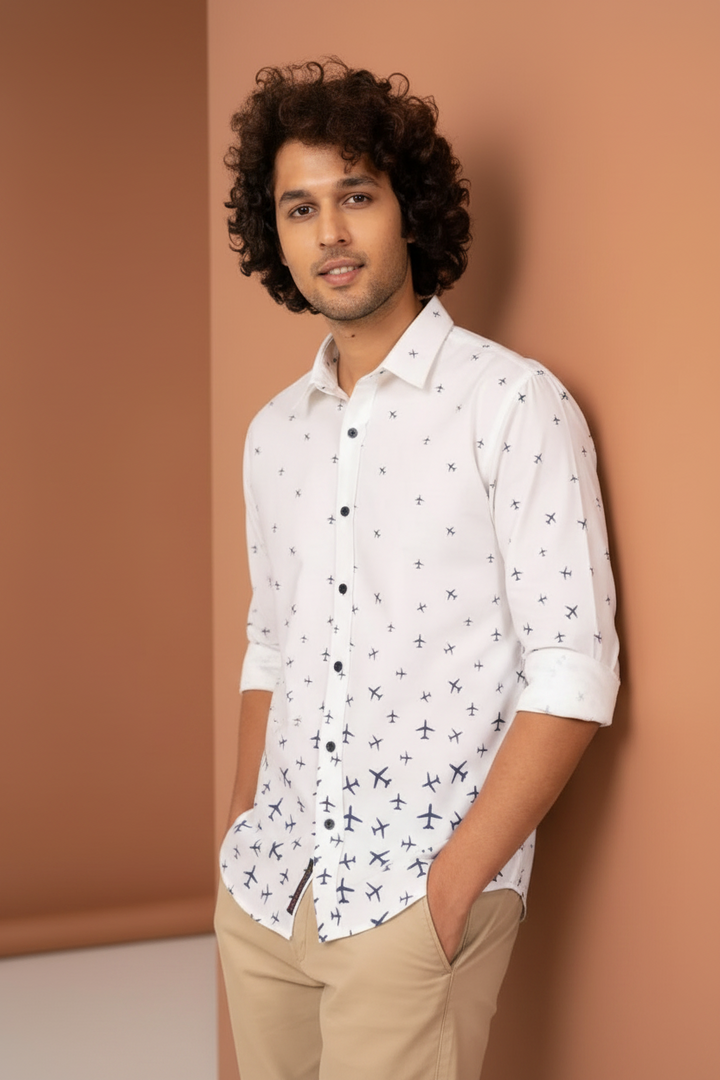 White And Blue Airplane Print Shirt
