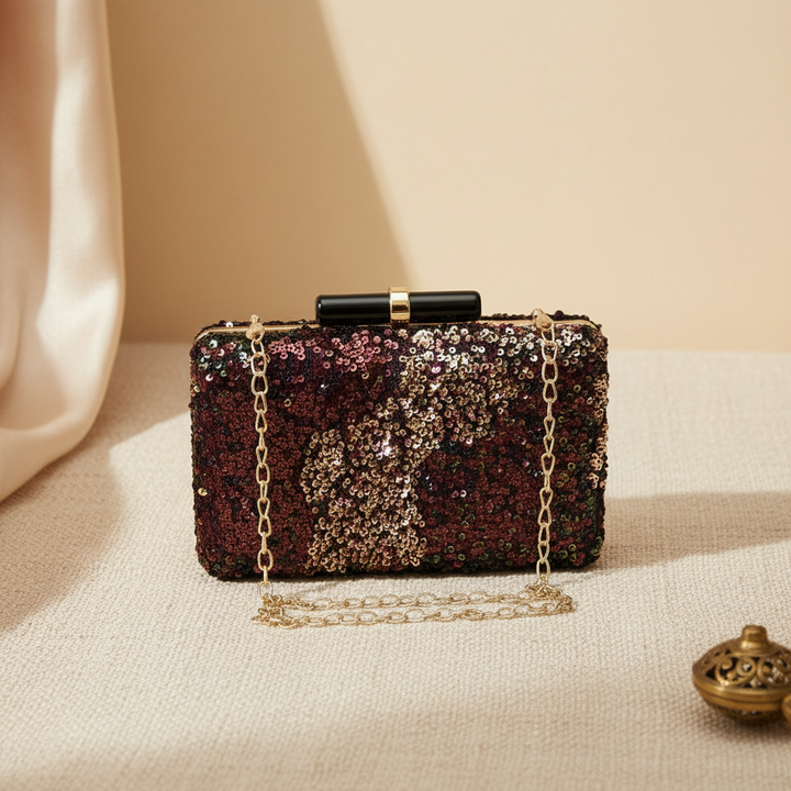 Wine and Gold Sequins Clutch