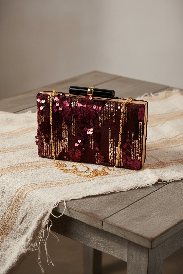 Wine and Gold Sequins Clutch