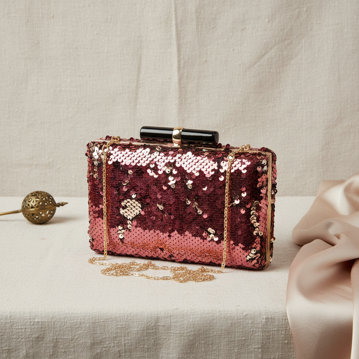 Wine and Gold Sequins Clutch