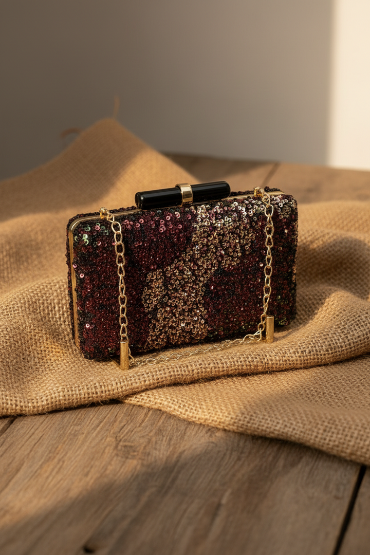 Wine and Gold Sequins Clutch