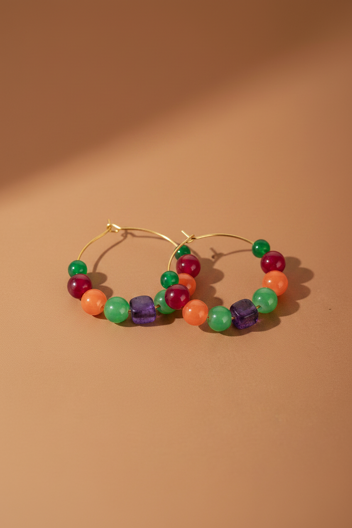 Yellow Gold Plated Brass Metal bali With Multi Coloured Beads
