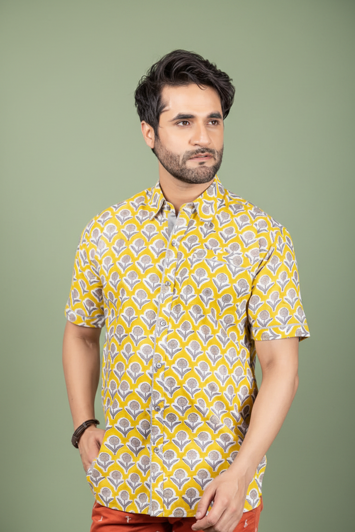 Yellow And Grey Hand Block Shirt