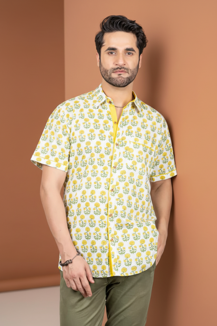 Yellow And Off-White Hand Block Shirt