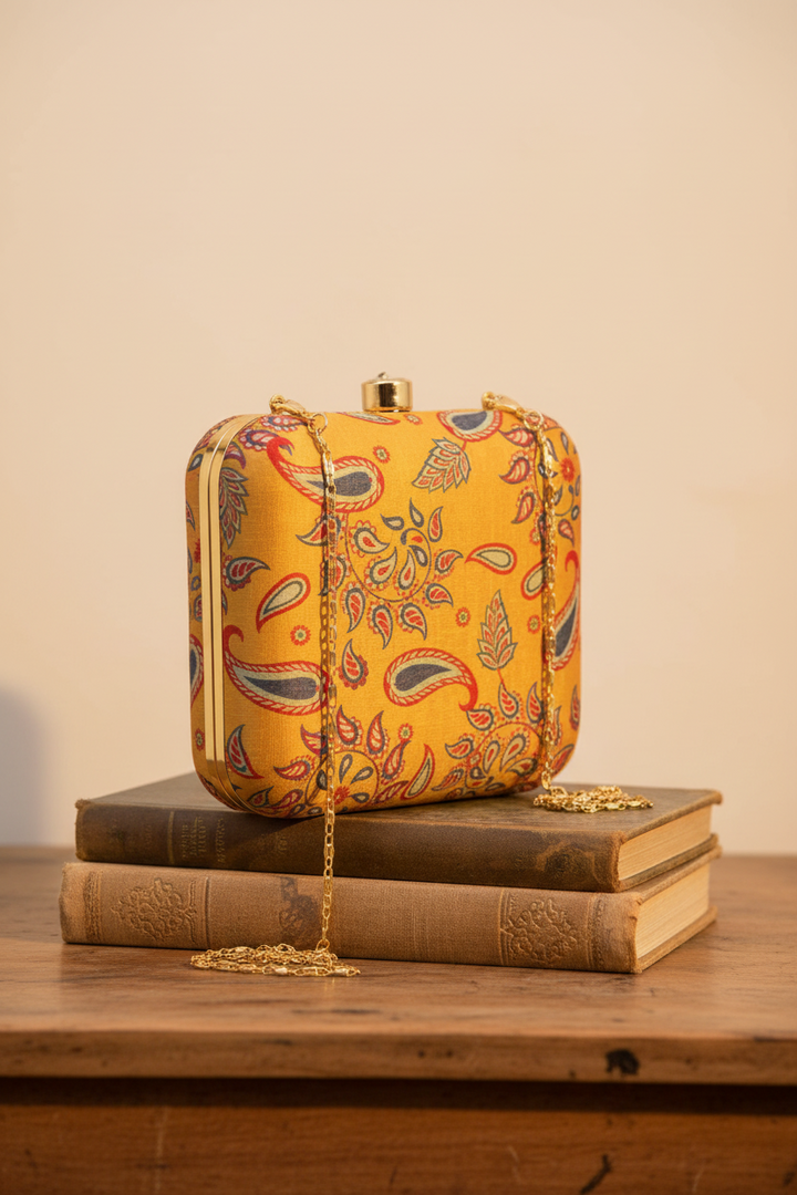 Yellow Paisley Print Silk Clutch