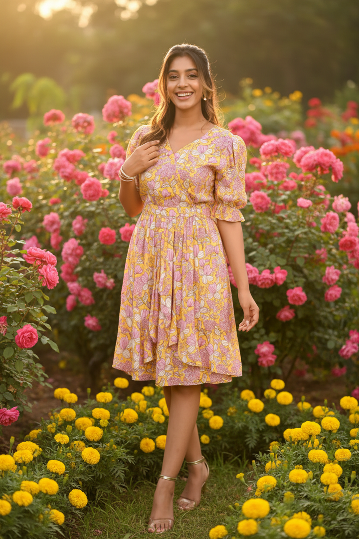 yellow-and-pink-floral-printed-short-dress
