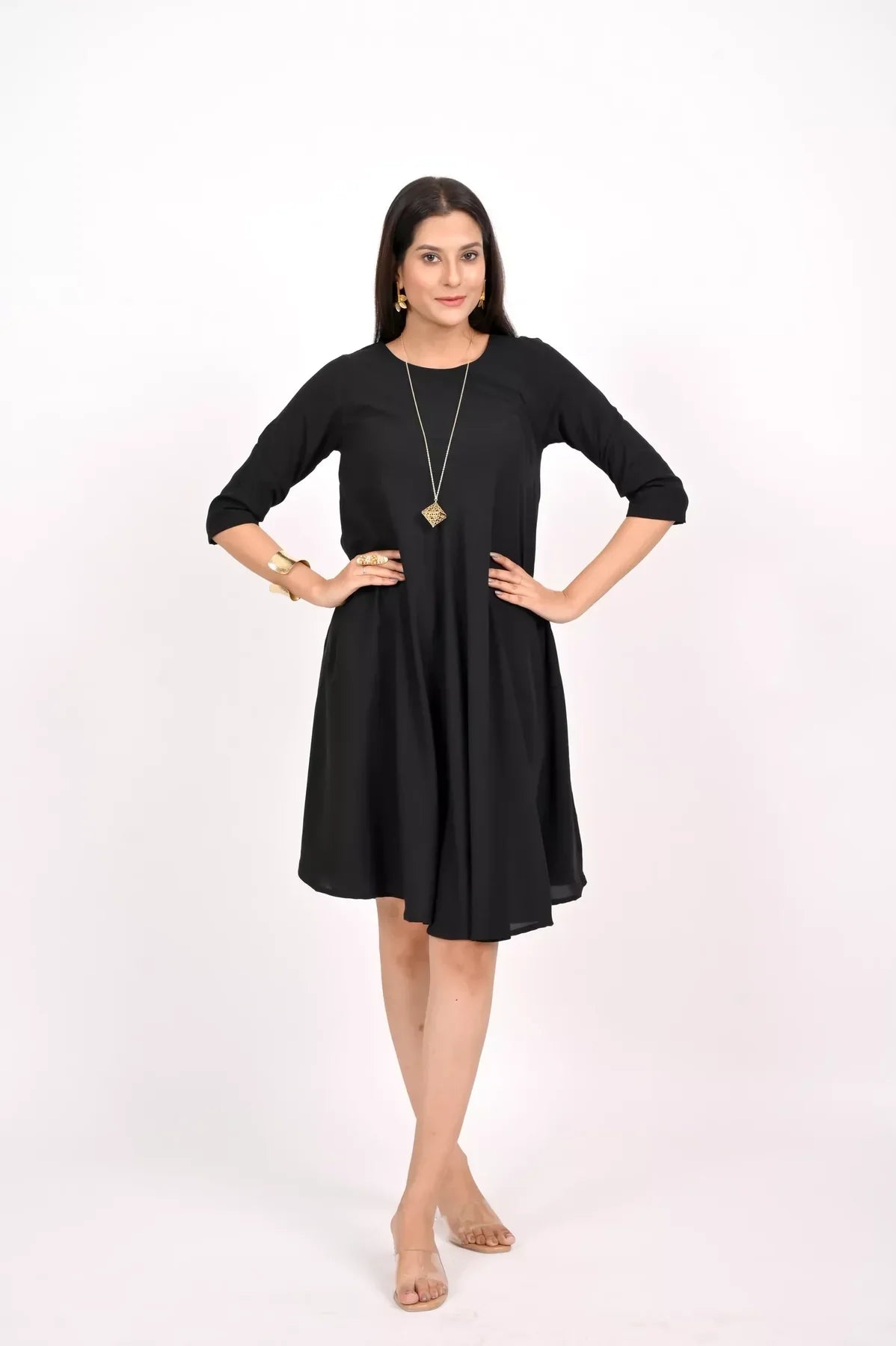 BLACK GEORGETTE FLAIRED DRESS